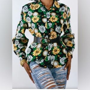 Vintage Laura and Jayne Collection Floral and Clock Printed Blouse Size 6